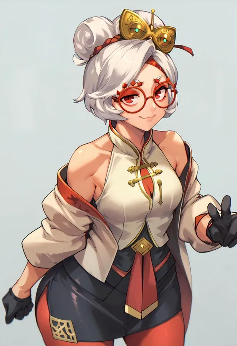 score_9, score_7_up BREAK 1girl,simple background,purah,white hair,red eyes,hair ornament, red headband, red glasses, sleeveless shirt, white coat, black skirt, red leggings, gloves,smug,closed mouth,looking at viewer <lora:purah-pdxl-nvwls-v1:0.8> <lora:mikel4hands_pd:1>