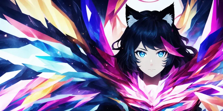 m_style, A beautiful picture of a girl with cat ears and wings, cat ears, anime girl, mosaic, aurora, pixalated, anime, illustration, intricate, high detailed face, cinematic lighting, highly detailed, octane, digital painting, wavy hair, full body shot, Polychromatic noir, paper cut art, tenebrism, reflection, sharp focus, vibrant colours