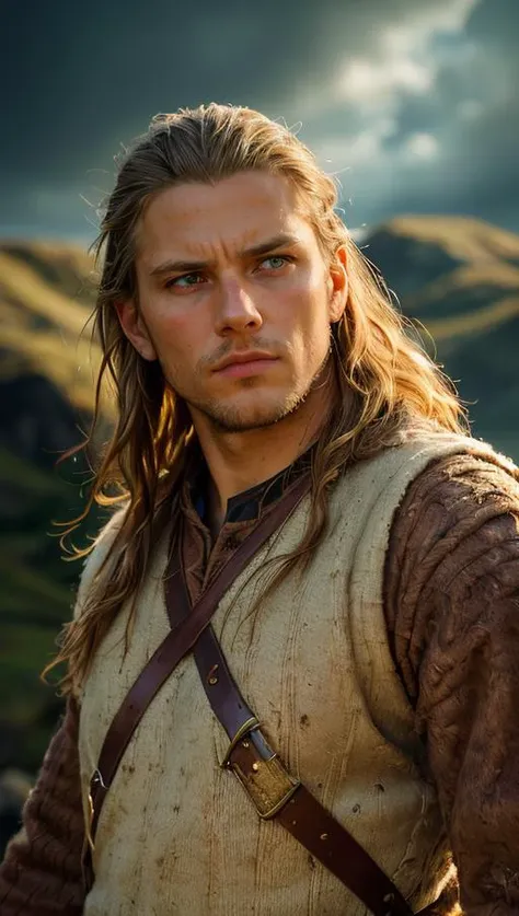 (masterpiece, best quality, highres:1.2), (photorealistic:1.2), (film grain:1.3), (morbid light:1.2), (dynamic angle), raw photo, a portrait of a fierce Viking man, embodying bravery and resilience in a rugged landscape, , (sharp), exposure blend, bokeh, dim light, (hdr:1.4), high contrast, (muted colors, dim colors, soothing tones:1.3), morbid