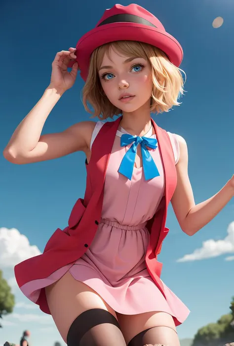 (masterpiece, best quality), 1girl,    <lora:PKMN_Serena_Gen6_Alternative_v1:0.8> pkmnserena, 1girl, solo, blue eyes, blonde hair, short hair, bangs, hat, red headwear,, pink dress, ribbon, sleeveless, neck ribbon, blue ribbon, vest, black thighhighs,