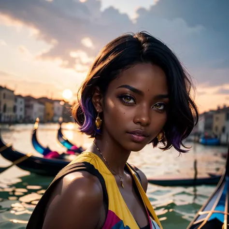 (masterpiece drawning, high quality), (solo:1.1), raw photo, a digital art of a beautiful, black skin, dark skin, African supermodel, purple makeup, dawn, Venice, gondola, (soft lighting), Porta 160 color, shot on Leica T, sharp focus on subject, shot by Candida Höfer, (cinematic, purple and yellow:0.85), colorful dress, yellow&purple theme, (vibrant color), (sharp), exposure blend, bokeh, (hdr:1.4), high contrast, (muted colors, dim colors, soothing tones:1.3), low saturation, morbid