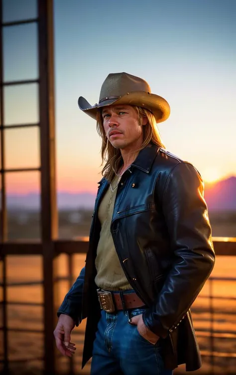 (masterpiece, best quality, highres:1.2), (photorealistic:1.2), (film grain:1.3), (morbid light:1.2), raw photo, a lone Sheriff, Brad Pitt, cowboy on sunset, hat, belt, guns, last stand, cinematic photo, (sharp), exposure blend, bokeh, dim light, (hdr:1.4), high contrast, (muted colors, dim colors, soothing tones:1.3), low saturation, morbid