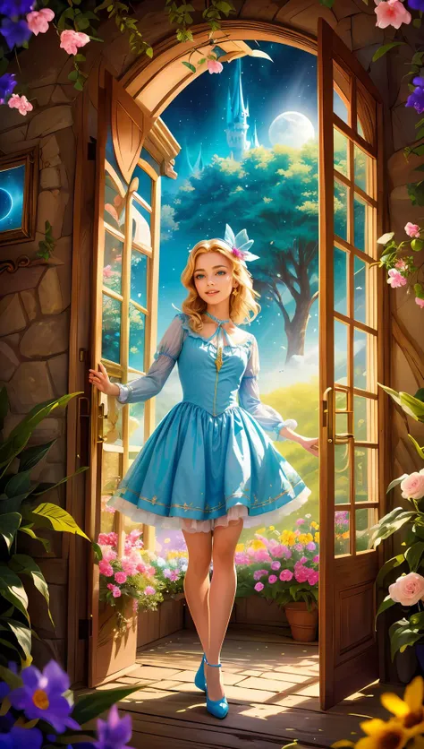 22000_Character - 1Woman as Disney's Alice in Wonderland - Magical Fantasy, (official art, Disney-like animation style, high detail)>, soft and warm lighting reminiscent of Disney's magical hour, (sharp), exposure blend, bokeh, (hdr:1.4), medium contrast, (cinematic), (vibrant colors, warm tones:1.3), medium saturation., (ultradetailed, characterful expressions, 4k, best quality, masterpiece, perfect face, perfect Disney body proportions, beautiful and aesthetic:1.2, colorful, highest detailed face), ., General Image Attributes:, - Visual Quality and Resolution: High resolution to capture the vibrant and intricate details of Wonderland's magic., - Style and Realism: A mix of Disney's classic animation style with a touch of magical fantasy elements for a unique portrayal., - Lighting and Atmosphere: Soft, glowing lighting to emphasize the magical ambiance of Wonderland, with vibrant colors and ethereal effects., - Perspective and Composition: Engaging angles that showcase Alice's exploration and interactions with the magical environment, focusing on the fantastical aspects., - Naturalism and Authenticity: Maintaining Alice's iconic look while integrating magical fantasy elements to enhance the storytelling., Character:, - Physical Details:, 1. Golden blonde hair set in a playful, classic style, adorned with a black ribbon, adding a touch of Wonderland whimsy., 2. Sparkling blue eyes wide with wonder, capturing the enchantment of her surroundings., 3. A figure of youthful curiosity and grace, perfectly suited for adventure in a magical realm., - Pose:, 1. Reaching out to a fluttering, glowing butterfly, her expression one of delighted surprise., 2. Sitting on a carved, whimsical chair that seems to grow from the ground, looking thoughtfully at a talking flower., 3. Standing at the edge of a mysterious, misty path that leads deeper into Wonderland, poised to take the next step., - Emotion/Expression:, 1. A mix of awe and joy, fully immersed in the magical wonders around her., 2. Intense curiosity, her gaze fixed on a marvel only found in Wonderland., 3. A slight, knowing smile as she navigates the peculiar logic of this enchanted world., - Actions:, 1. Holding a key made of light, about to unlock a door that appears in the air., 2. Gently cupping a tiny, radiant creature that glows warmly in her hands., 3. Reading a book that floats before her, its pages turning by themselves to reveal secrets of the realm., Attire:, - Iconic Attire:, 1. A reimagined version of her classic blue dress, now with subtle, mystical patterns that move and change., 2. An adventurer's outfit inspired by her traditional look, enhanced with magical accessories and details that sparkle with an inner light., 3. A regal gown, reflecting the elegance of Wonderland's royalty, yet unmistakably Alice, with whimsical touches and magical motifs., 4. A whimsical dress made from the fabric of the night sky, dotted with stars that gently illuminate her path., 5. A ceremonial robe adorned with symbols of Wonderland, each imbued with its own little enchantment., Attire Details:, - Materials and Fabrics:, 1. Fabrics that seem to shimmer with an ethereal glow, changing hue with the light of Wonderland., 2. Details that sparkle with a magical essence, from the threading of her dress to the trim of her sleeves., - Design Details:, 1. Pockets hidden within her dress, each holding a different Wonderland marvel., 2. Delicate lace and embroidery that tell a story, with motifs of key characters and elements from her adventures., Setting Details:, - Settings:, 1. The vibrant, ever-shifting landscape of Wonderland, where each area reveals new wonders (Outdoor)., 2. A forest of towering flowers, their petals glowing softly, illuminating Aliceâs path (Outdoor)., 3. The grand, mysterious halls of the Red Queen's castle, where shadows hold secrets (Indoor)., 4. The serene, crystal-clear waters of the Caterpillar's mushroom garden, a place of reflection and insight (Outdoor)., 5. A quaint, whimsical village square, bustling with the daily lives of Wonderland's inhabitants (Outdoor)., 6. The depths of a luminous cavern, filled with crystals that light up in the presence of Alice (Indoor)., 7. The airy, cloud-filled skies above Wonderland, accessed via a magical flight (Outdoor)., 8. The Mad Hatter's workshop, a haven of creativity and chaos, with inventions and gadgets strewn about (Indoor)., - Time of Day:, 1. Twilight, where the setting sun brings a golden hue to Wonderland, enhancing its magic., 2. Midnight, under a moonlit sky, where Wonderland reveals its most secretive and enchanting aspects., 3. Dawn, as the first light of day gently awakens the realm, casting a soft glow on everything it touches., <lora:more_details:0.2>(official art, extreme detailed, highest detailed),