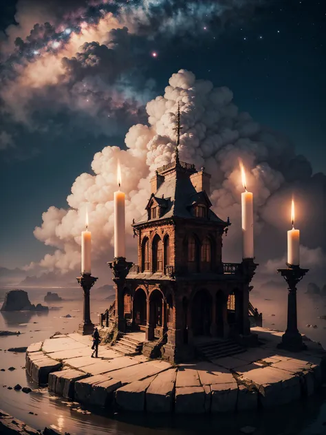 awardwinning On pale black paper, Infused Elevated "The Downfall of Terror", Foggy conditions, Energetic, Candle light, 50mm, High quality, lush, colorful, excellent composition, ambient, imposing, illustrious, modified, professional fine composition