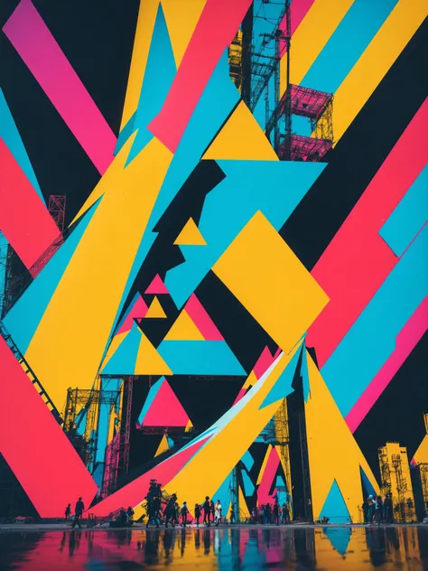 pop Art style, jungle, shot from side of a (bb3l15, a colorful diagonal abstract structure made of Cone and over a triangle black background <lora:bb3l15:1>:1.2) , Bokeh, Post-colonialism, industrial landscapes, bright colors, bold outlines, popular culture themes, ironic or kitsch, mechanical, holy, original, winning, highly contrasted, dynamic, dynamic cinematic color