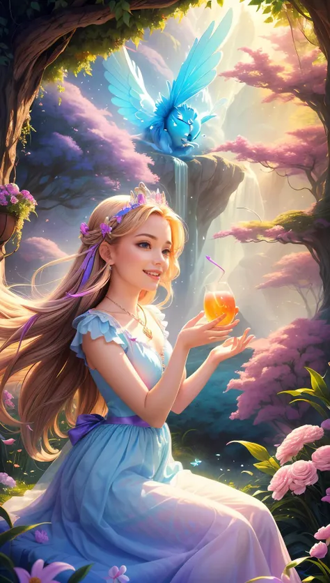 , (official art, Disney-like animation style, high detail)>, soft and warm lighting reminiscent of Disney's magical hour, (sharp), exposure blend, bokeh, (hdr:1.4), medium contrast, (cinematic), (vibrant colors, warm tones:1.3), medium saturation., (ultradetailed, characterful expressions, 4k, best quality, masterpiece, perfect face, perfect Disney body proportions, beautiful and aesthetic:1.2, colorful, highest detailed face), ., General Image Attributes:, - Visual Quality and Resolution: High-resolution, capturing the essence of Alice's journey through a magical, ethereal Wonderland with vibrant colors and intricate details., - Style and Realism: A blend of Disney's animated charm with additional layers of magical fantasy and ethereal aesthetics, emphasizing fantastical and whimsical elements., - Lighting and Atmosphere: Illuminated with soft, otherworldly light that highlights the ethereal beauty of Wonderland and its inhabitants, casting an aura of enchantment around Alice., - Perspective and Composition: Creative angles and compositions that showcase Alice's curiosity and engagement with the magical and ethereal elements of Wonderland., - Naturalism and Authenticity: True to Aliceâs character and the spirit of Wonderland, integrating her into this fantastical setting while maintaining the essence of her adventurous and inquisitive nature., Character:, Physical Details:, 1. Alice's signature golden hair, styled in a whimsical fashion, with strands lightly floating as if touched by a magical breeze., 2. Bright, wide eyes filled with wonder and amazement, reflecting the magical landscape and creatures she encounters., 3. A radiant complexion, enhanced by the ethereal glow of Wonderland, highlighting her expressions of curiosity and delight., Pose:, 1. A pose of awe as she reaches out to touch a floating, luminescent flower, her figure framed by the ethereal flora of Wonderland., 2. Seated on a mushroom, engaged in conversation with a caterpillar made of stardust, her posture open and attentive., 3. Walking along a winding path that glows with an otherworldly light, her steps light and filled with anticipation., Emotion/Expression:, 1. A look of pure enchantment as she discovers the ethereal wonders of Wonderland, her face alight with joy., 2. A moment of thoughtful contemplation as she ponders a riddle from the Cheshire Cat, her expression a mix of curiosity and amusement., 3. An expression of gentle surprise as a magical creature whispers a secret of Wonderland, her eyes sparkling with intrigue., Actions:, 1. Gently holding a tiny, glowing orb that leads her through the more mysterious parts of Wonderland., 2. Laughing with delight as she joins a tea party where the cups and teapots float in the air, surrounded by a magical aura., 3. Reading from a book that comes to life, its characters leaping off the pages in bursts of ethereal light and color., Attire:, Iconic Attire:, 1. Her classic blue dress, reimagined with fabric that shimmers with the colors of the Wonderland sky, moving with an ethereal grace., 2. A cloak of gossamer, gifted by the Queen of Hearts, that changes hue depending on her surroundings in Wonderland., 3. An ethereal gown created from the petals of talking flowers, each petal delicate and glowing softly, enhancing her connection to Wonderlandâs magic., Footwear:, 1. Delicate, crystal slippers that sparkle with every step, leaving a trail of soft, glowing footprints on the path., 2. Soft, ballet-like shoes made from the fabric of Wonderland clouds, allowing her to move gracefully and silently., Accessories:, 1. A necklace with a miniature bottle of the Drink Me potion, now glowing with a light that pulses in rhythm with Wonderlandâs heart., 2. A ribbon in her hair that flows and changes color with the wind, a gift from the Caterpillar for her journey., 3. A pocket watch that doesnât tell the time but shows her moments of wonder and beauty in Wonderland., Hairstyle:, 1. Soft curls that seem to float around her face, intertwined with tiny, luminous flowers that bloom only in Wonderland., 2. A playful updo held in place with a clip shaped like the White Rabbit, which occasionally glows as if to remind her of the time., 3. Braids woven with ribbons of light, each strand telling a story of her adventures in Wonderland., Setting Details:, Settings:, 1. A dreamlike forest where the trees whisper wisdom and the leaves shimmer with a thousand colors (Outdoor)., 2. The Queen of Heartsâ garden, transformed into a serene paradise under the moonlight, with flowers that sing lullabies (Outdoor)., 3. A clearing where the stars fall to listen to stories, and Alice sits on a throne made of moonbeams (Outdoor)., 4. The Mad Hatterâs tea party, set on a floating tablecloth under a canopy of ethereal light, with laughter filling the air (Outdoor)., 5. A crystalline cave filled with glowing gems and stones that tell tales of ancient Wonderland magic (Indoor)., 6. The banks of a mirror-like river that reflects not just the world, but the dreams and hopes of those who gaze upon it (Outdoor)., 7. The palace of the White Queen, where the architecture is crafted from clouds and the air is filled with the scent of vanilla and magic (Indoor)., 8. A secret garden hidden within a cloud, accessible only by a ladder woven from sunbeams, hosting creatures of myth and legend (Outdoor)., Time of Day:, 1. Twilight, when the world of Wonderland transitions into a realm of enhanced magic and beauty., 2. Midnight, under a canopy of glowing flowers and stars, where the magic of Wonderland is at its peak., 3. Dawn, as the first light of morning weaves through the landscape, awakening the enchantment of the land., Mood:, 1. Wonder and enchantment, as Alice explores the boundless magic and beauty of Wonderland., 2. Serenity and peace, found in the ethereal landscapes and moments of magical solitude., 3. Joy and mirth, reflecting the whimsical and playful spirit of Wonderlandâs inhabitants and festivities., Weather:, 1. A gentle, magical rain that sparkles as it falls, nourishing the land and awakening hidden magic., 2. A soft, ethereal mist that cloaks the landscape, revealing secrets and paths unknown to the waking world., 3. A calm, magical breeze that carries the melodies of Wonderland, harmonizing with the laughter and whispers of the realm., Stable Diffusion is encouraged to choose from these suggestions at random, combine them, or explore beyond these choices if another option better suits Alice's authenticity or the image's overall vision. Making sure the choices Stable Diffusion makes amount to a cohesive and coherent scene and picture.,  <lora:more_details:0.2>(official art, extreme detailed, highest detailed),