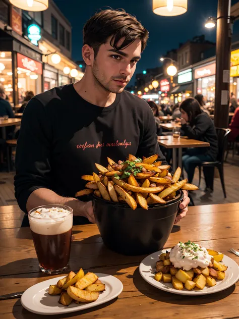 Portrait, A Medium Shot, of a fried potatoes on the table of a cozy place to eat, structural expressionism, high contrast, experimental, close-up, ambient illumination, glowing, winning, grand illumination, fantastic aesthetic, cool colors, beautiful elegant, polished