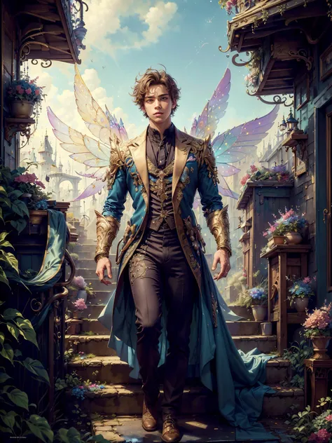 (((masterpiece))) , (((best quality))) , anime style, 2d, slight Art Nouveau (alluring 1boy, solo, of Heaven:1.3) , Colossal, he is Walking down a stairs, in a very 1950'S Trachtenhemd, The Trachtenhemd has a Colorless bow, his hair is Industrial, Messy hair, fairytaleai <lora:VikingPunkAI:0.75>, key visual, highly decorated, extremely rich detail, surreal, beautiful detailed supreme quality color intricate, dynamic composition