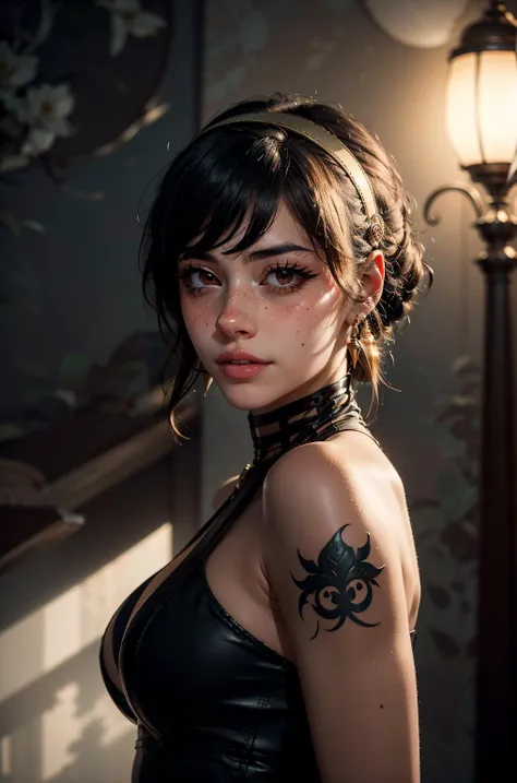 (masterpiece, best quality, highres:1.2), (photorealistic:1.2), (film grain:1.3), (morbid light:1.2), raw photo, (seductive pose1.3), (dynamic angle:1.2), fcDetailPortrait, detailed face, detailed eyes, detailed skin, extremely detailed, intricate details, cowboy shot,
zh_mushyee_normalgirl, Emmy Rossum, zh_mushyee_cosplaygirl, pale skin, tattoo, freckles, lips, gradient hair, black hair, looking at viewer, solo, thin waist, slim waist, perfect ass, smooth round ass, thicc ass, hourglass figure, large breasts, cleavage, <lora:yor_forger_v1:0.9> aayorf, sidelocks, gold hairband, hair ornament, red eyes, gold earring, large breasts, choker, bare shoulders, black dress, two-sided dress, fingerless gloves, thigh boots, moonlight passing through hair, (random beautiful background:1.3), (sharp), exposure blend, bokeh, dim light, (hdr:1.4), high contrast, (muted colors, dim colors, soothing tones:1.3), low saturation, (anti-aliasing:1.2), elegant, soft scattered light, realistic proportions, limited palette, backlit, accent lighting, (neutral colors:1.3), cross process, cinematic lighting, coherent light, coherent shadows,
<lora:epi_noiseoffset2:0.7> <lora:Elixir:0.8>