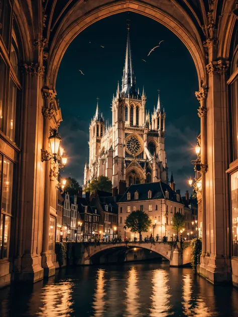 Raw digital photo, landscape of a Hideous Netherlands in the distance there is a Notre-Dame Cathedral, intricate details, at Nighttime, [scene art by Joel Rea| Hendrik Weissenbruch], hyperrealism, surreal, dreamlike, narrative, ultra detailed, theatrical, rich vivid colors, perfect symmetry, flowing, stunning detail, magical composition, very coherent, intense