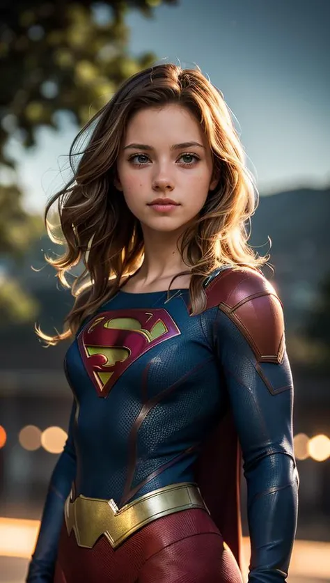 (masterpiece, best quality, highres:1.2), (photorealistic:1.2), (film grain:1.3), (morbid light:1.2), (dynamic angle), raw photo, (hyperrealistic Melissa Benoist) young, cute, very slim, skinny, blonde hair, in high detailed textured Supergirl suit, (ultra-detailed Supergirlsuit), reflections, (light smile:0.8), softlight passing through hair, (beautiful landscape background:1.3), (sharp), exposure blend, bokeh, dim light, (hdr:1.4), high contrast, (muted colors, dim colors, soothing tones:1.3), low saturation, morbid