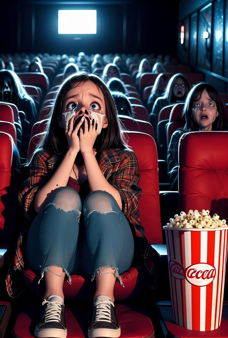 (masterpiece, best quality), 1girl, <lora:girllikehorrormovie:0.8> (((horror movie))), (((crowd))), ((hands on own face)), ((cinema seating)), ((scared)), ((crying with eyes open)), popcorn, cocacola, disposable cup, plaid jacket, stairs, night, open mouth,