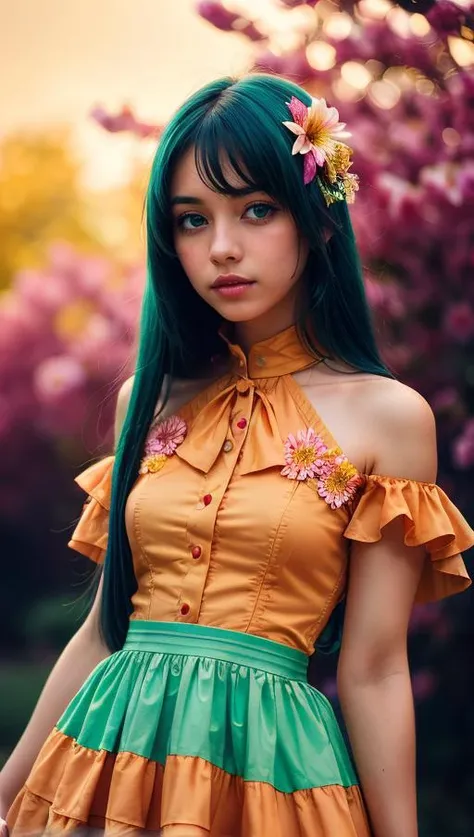 1 young cute girl, flower dress, colorful, dark background, flower armor, green theme, exposure blend, upper body shot, bokeh, (hdr:1.4), high contrast, (cinematic, teal and orange:0.85), (muted colors, dim colors, soothing tones:1.3), low saturation