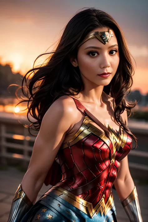 raw photo, (Wonder Woman), fashion photography of cute black long hair girl (Wonder Woman), dressing high detailed Wonder Woman suit, (high resolution textures), in dynamic pose, (random background), depth of field, detailed, sunset light passing through hair, perfect sunset