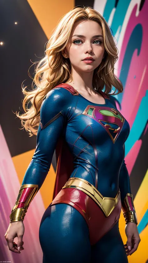 (masterpiece, best quality, highres:1.2), (photorealistic:1.2), (intricate and beautiful:1.2), (detailed light:1.2), (colorful, dynamic angle), medium shot, professional photography of cute, blonde long hair girl (Supergirl), dressing high detailed Supergirl suit, (highres textures), dynamic pose, moonsoft light passing through hair, (abstract colorful art background:1.3), (official art), (sharp), exposure blend, bokeh, (hdr:1.4), high contrast, (cinematic), (muted colors, dim colors, soothing tones:1.3)