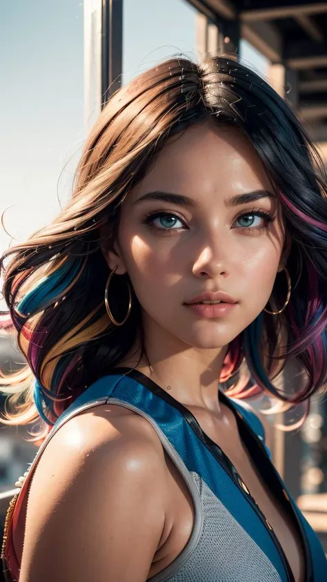 (masterpiece, best quality, highres:1.2), (photorealistic:1.2), (intricate and beautiful:1.2), (detailed light:1.2), (colorful, dynamic angle), 1 young cute girl, really wild hair, multicolored hairlighting, portrait, (from front:0.6), fashion photography, dynamic pose, soft light passing through hair, (official art), (sharp), exposure blend, bokeh, (hdr:1.4), high contrast, (cinematic), (muted colors, dim colors, soothing tones:1.3)