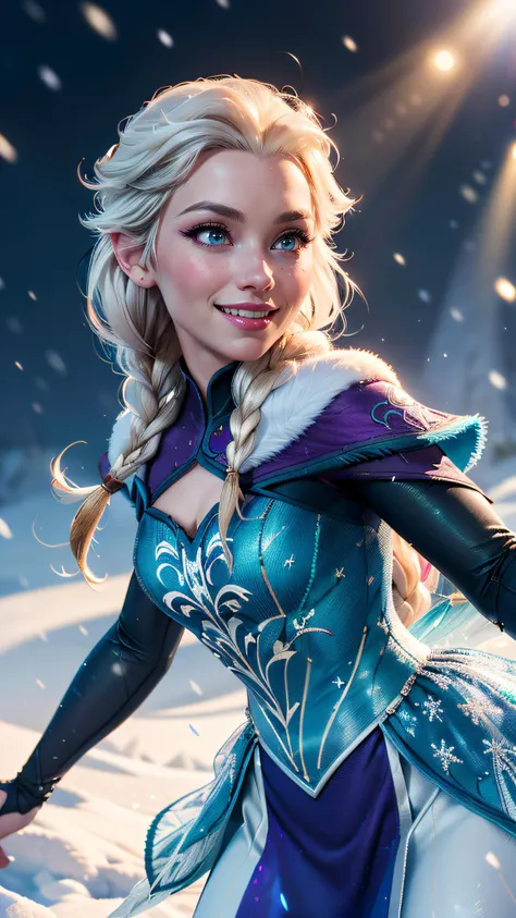 (#Disney CGI style), (masterpiece, best quality, highres:1.2), (#Disney CGI style), (intricate and beautiful:1.2), (detailed light:1.2), (soft lighting, side lighting, reflected light), (colorful, dynamic angle), Disney (Elsa of Arendelle) dark cape, dark dress, fur trim, single braid, snowflake pattern, smile, big eyes, snow