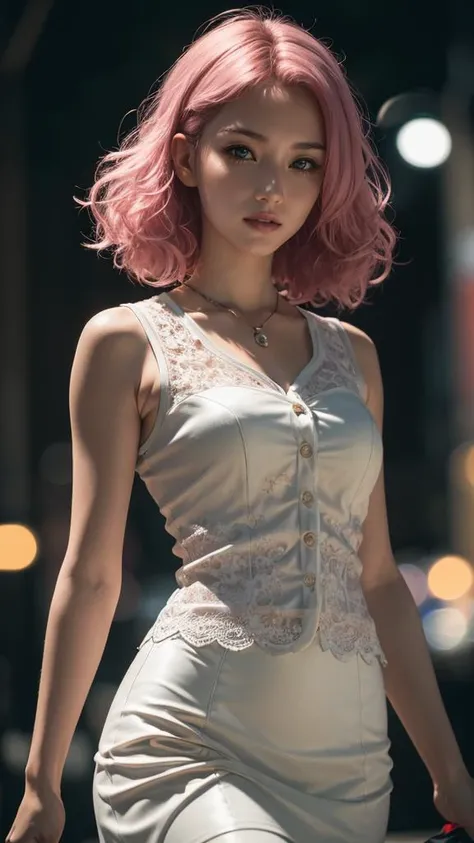 (masterpiece, best quality, highres:1.2), (photorealistic:1.2), (film grain:1.3), (morbid light:1.2), (dynamic angle), raw photo, (Creamy Mamy), young, cute, very slim, skinny, curly pink hair, in high detailed white gothic suit, (ultra-detailed body), sleeveless top, a short black skirt, (light smile:0.8), moonlight passing through hair, (random beautiful background:1.3), (sharp), exposure blend, bokeh, dim light, (hdr:1.4), high contrast, (muted colors, dim colors, soothing tones:1.3), low saturation, morbid