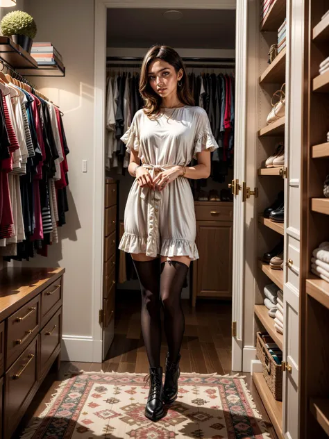 (masterpiece, best quality, highres:1.2), (photorealistic:1.2), (detailed light:1.2), (dynamic angle), raw photo,
"1Woman Only, Visualize a young woman with a slender build. Her appearance, including facial features, skin tone, and hair color, is open to interpretation and varies with each image generation.
She is playing dress-up in a walk-in closet, transformed into an intimate and glamorous space. Soft, ambient lighting from elegant light fixtures casts a warm glow, highlighting the closet's luxurious features. The white cabinetry now takes on a more intimate feel, with clothing, shoes, and accessories casting gentle shadows. The closet exudes a cozy yet opulent atmosphere, with every element from the plush carpet to the decorative touches contributing to a feeling of personal indulgence. This nighttime setting in the closet is ideal for choosing an outfit
Her clothing ranges broadly in style and function, encompassing everything from casual wear, formal attire, sportswear, to creative and avant-garde pieces. Each outfit is unique and changes every time, showcasing a wide spectrum of fashion possibilities.
Her footwear includes a variety of types like boots, heels, flats, and sneakers, while her jewelry ranges from understated and elegant to bold and statement-making, all selected to match the overall ensemble.
The makeup styles and hairstyles are equally varied, with each new image presenting a different look, from natural and subtle to dramatic and artistic, perfectly fitting the mood of the outfit.
Each generation of the image captures a different facet of fashion and style, reflecting the versatility and creativity in clothing and personal expression. The AI is encouraged to experiment with combinations, creating a fresh and unique look each time."
The roomâs warm lighting highlights each outfit, the chosen legwear, and the shoes, showcasing her flair for fashion and attention to detail in her personal style.", <lora:more_details:0.4>,sunset lighting, (sharp), exposure blend, bokeh, (hdr:1.4), high contrast, (cinematic), (muted colors, dim colors, soothing tones:1.3), low saturation