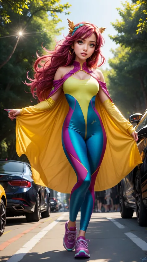 (masterpiece, best quality, highres:1.2), (Pixar CGI Style), (colorful),
"Imagine a young woman with a slender build, brought to life in the vibrant, Pixar animation style. Her appearance is imaginative and varied, with expressive facial features, diverse skin tones, and lively hair colors, creating a rich tapestry of representation. Each scenario places her in extraordinary, Pixar-esque adventures that go beyond the everyday, transforming ordinary moments into magical experiences filled with wonder and exploration. From navigating the bustling streets of a city teeming with both human and fantastical creatures to embarking on whimsical journeys through enchanted parks, her life is anything but ordinary.
Her attire adapts not just to the context of her day-to-day activities but to the whimsical and often unexpected challenges she facesâwhether she's donning casual wear to blend in with the inhabitants of a hidden fairy metropolis, sporting professional gear as she leads a team of quirky, mismatched characters on a corporate quest, or slipping into athletic gear to race alongside talking animals. Her clothing seamlessly shifts to match the unique blend of style, practicality, and Pixar charm required for each new adventure.
Footwear and accessories become artifacts of her journey, ranging from magical sneakers that can alter their form to suit any terrain, to enchanted jewelry that offers guidance and protection. Her fashion choices not only complement her adventures but often play a key role in the story, imbued with Pixar's signature blend of functionality and whimsy.
Her makeup and hairstyles evolve with her settings and activities, reflecting the vibrant and dynamic world around herâfrom subtle and understated for undercover missions in urban landscapes to bold and imaginative for gala events in fantastical realms. Each look is tailored to convey her personality and the unique Pixar-inspired scenario she finds herself in.
The lighting and settings in each image are meticulously crafted to enhance the mood and magic of the moment, from the golden hues of a sunrise over a city where humans and magical creatures coexist, to the serene glow of twilight in a forest filled with talking trees. The focus remains on her and how her attire, demeanor, and the surrounding environment come together in a harmonious blend of Pixar-style storytelling, creativity, and personal expression.", <lora:more_details:0.4>,Pixar-style, Character Design, CGI, 8k,