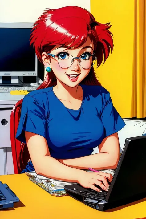 , Cartoon, as seen in 1990s Nickelodeon, Mischievous nerdcore girl, glasses, computer hacking, Saturday morning cartoon style