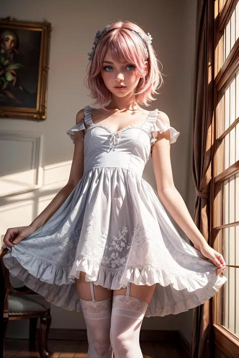 (masterpiece, best quality), 1girl, blue and white frill dress, (white stockings), pink hair, cute face, standing, indoor, intricate detail, sunlight, <lora:add_detail:1>