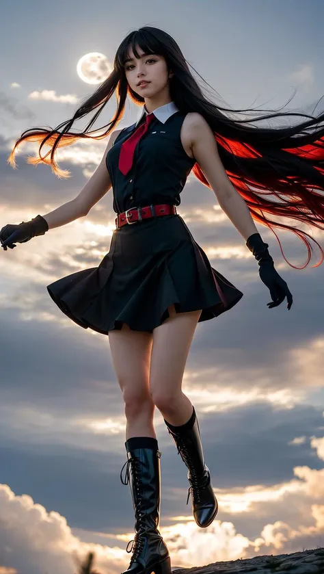 (((Ultra-HD-quality-details, real-photo-realistic, ideal))), (morbid light:1.2), (dynamic angle), raw photo, (Akame ga Kill!), young, cute, very slim, skinny, long black hair, red eyes, black dress, sleeveless, detailed white collar, black skirt, red belt around her waist, red and black gloves, long red tie, black socks, boots, (ultra-detailed body), (light smile:0.8), moonlight passing through hair, (random beautiful background:1.3), (sharp), exposure blend, bokeh, dim light, high contrast, (muted colors, dim colors, soothing tones:1.3), low saturation, morbid