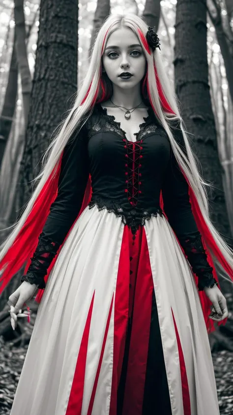 (masterpiece drawning, high quality), (solo:1.1), raw photo, a digital art of a girl, hight detailed gothic dress, (red/white/black), mistery forest, Extreme detail, morbid, (vibrant color), (sharp), exposure blend, bokeh, high contrast, (muted colors, dim colors, soothing tones:1.3), low saturation, morbid
