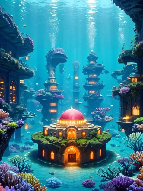 **Underwater Utopia:** "An underwater city with domed buildings connected by tunnels, illuminated by bioluminescent algae, with schools of exotic fish swimming by and submarines navigating the coral skyscrapers."