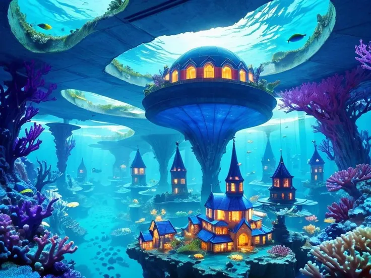 **Underwater Utopia:** "An underwater city with domed buildings connected by tunnels, illuminated by bioluminescent algae, with schools of exotic fish swimming by and submarines navigating the coral skyscrapers."