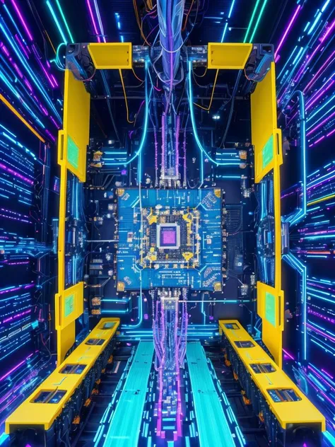 **Quantum Nexus:** "Inside a quantum computer nexus, with streams of data flowing like rivers around hovering platforms, where AI entities interpret the information, against a backdrop of pulsating quantum cores."