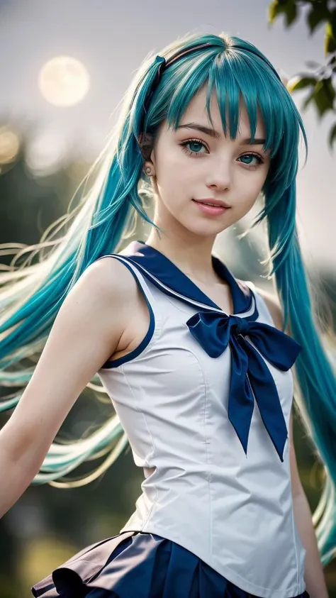 (((Ultra-HD-quality-details, real-photo-realistic, ideal))), (morbid light:1.2), (dynamic angle), raw photo, (Hatsune Miku), young, cute, very slim, skinny, blue hair, in high detailed sailor suit, (ultra-detailed body), sleeveless top, a short black skirt, (light smile:0.8), moonlight passing through hair, (random beautiful background:1.3), (sharp), exposure blend, bokeh, dim light, high contrast, (muted colors, dim colors, soothing tones:1.3), low saturation, morbid
