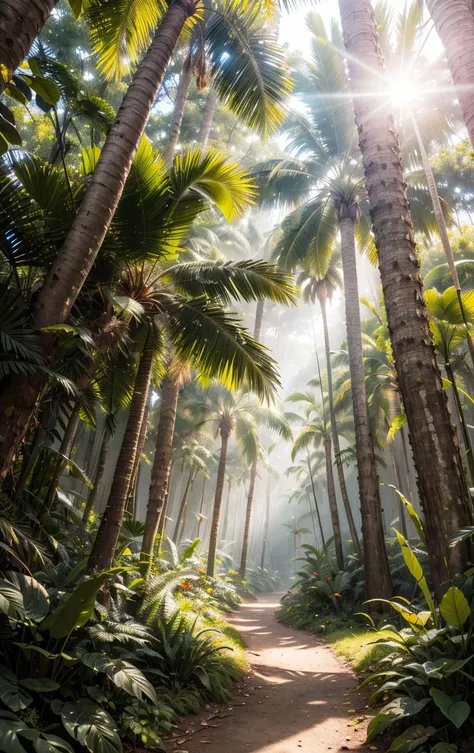 ((An outside)) Extreme Wide Shot of a dense mandala forest rich of palm