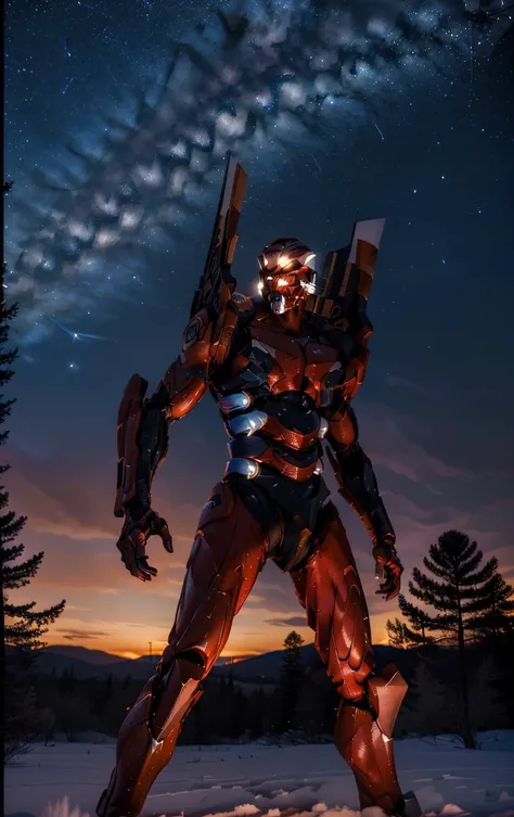 A ((Long Shot of EVAGOD <lora:EVAIII:0.6>)) (that's furrowed brow), ((look at the camera)), night sky as background