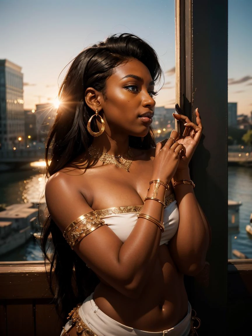 1girl, bandeau, bangle, bare shoulders, black hair, bracelet, breasts, (dark-skinned female:1.3), (dark skin:1.3), earrings, grey background, hoop earrings, jewelry, lips, long hair, midriff, navel, solo, strapless, single side bun, eyeshadow, bangs,
masterpiece, best quality, intricate details, <lora:epiC35mm:1> epiC35mm <lora:epiCRealismHelper:1> <lora:weight_slider_v2:0.8> <lora:backlight_slider_v10:-0.5> <lora:contrast_slider_v10:1>
a painting of a city with a bridge and a river in front of it and a sunset in the background, fantasy art<lora:add_sharpness:1.0><lora:add_sharpness:1.0>