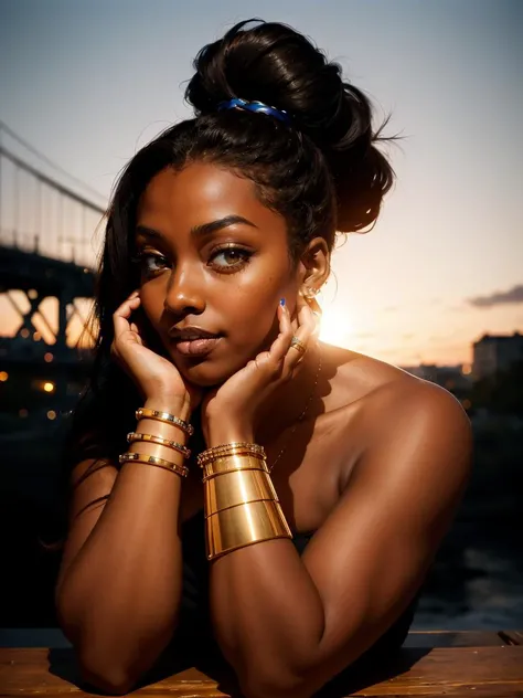 1girl, bandeau, bangle, bare shoulders, black hair, bracelet, breasts, (dark-skinned female:1.3), (dark skin:1.3), earrings, grey background, hoop earrings, jewelry, lips, long hair, midriff, navel, solo, strapless, single side bun, eyeshadow, 
masterpiece, best quality, intricate details,  <lora:epiC35mm:1> epiC35mm <lora:epiCRealismHelper:1> <lora:weight_slider_v2:0.8>   <lora:backlight_slider_v10:-0.5> <lora:contrast_slider_v10:1>
a painting of a city with a bridge and a river in front of it and a sunset in the background, fantasy art<lora:add_sharpness:1.0><lora:add_sharpness:1.0>
