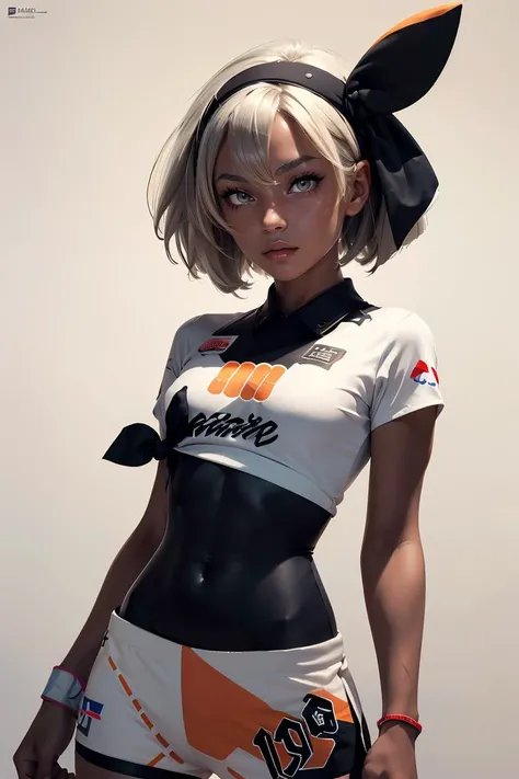 (masterpiece, best quality), 1girl,  <lora:bea_(pokemon):0.8> aabea,dark skin,short hair,hair between eyes,bow hairband,black hairband,eyelashes,black bodysuit,bodysuit under clothes,print shirt,tied shirt,short sleeves,dynamax band,single glove,partially fingerless gloves,covered navel,print shorts,knee pads,barefoot,