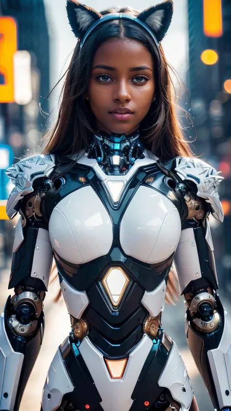 (((Ultra-HD-quality-details, real-photo-realistic, dark-skin girl)))(masterpiece, best quality, highres:1.2), (photorealistic:1.2), (film grain:1.3), (morbid light:1.2), (dynamic angle), raw photo, cybernetic, high detailed cybernetic parts, hi-tech, shiny white armor, reflections, neon light, glowing joints, high detailed cybernetic joints parts, accurate detailed gears, ciruits, fake animal ears, outdoors, professional photograph, award winning photography, (ultra-detailed body), (far away background), (sharp focus), exposure blend, bokeh, dim light, (hdr:1.4), high contrast, (muted colors, dim colors, soothing tones:1.3), (extremely intricate:1.3), low saturation, morbid