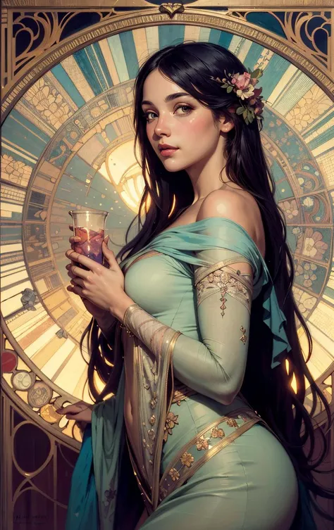 \(artmucha:1.2\), \(painting art:0.06\), \(pascal campion:0.38\), art, art by alfons mucha, art nouveau, mucha, vivid colors