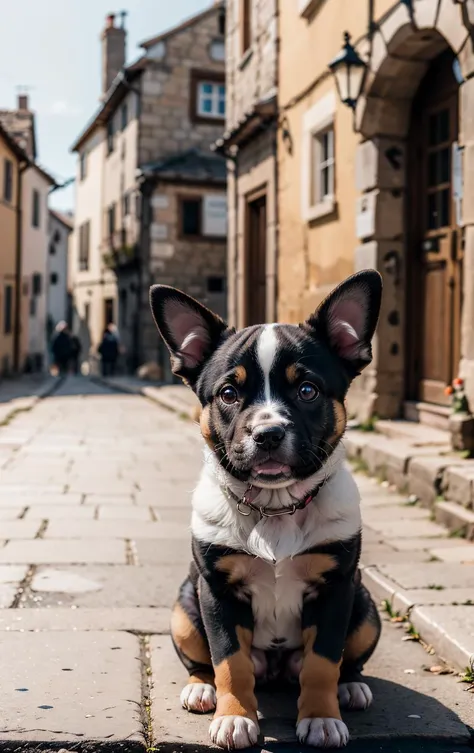 A ((Long Shot of 1puppy)), look away from the camera, medieval village as background