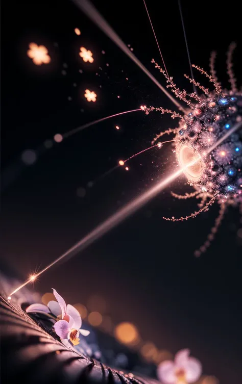 cinematic film still, shallow depth of field, vignette, highly detailed, high budget, bokeh, cinemascope, moody, epic, gorgeous, film grain, grainy BREAK an abstract depiction of Orchid in the forground, and a Hawking Radiation  in the background, as fluid fractal