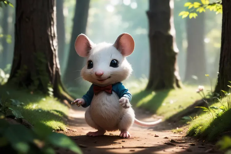 tilt shift, depth of field, anthropomorphic tiny-cutsie-mouse, smile, enchanted woods, cinematic, (high quality, best quality:1.3)