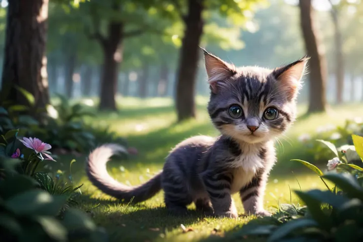 tilt shift, depth of field, anthropomorphic tiny-cutsie-kitten, smile, enchanted woods, cinematic, (high quality, best quality:1.3)