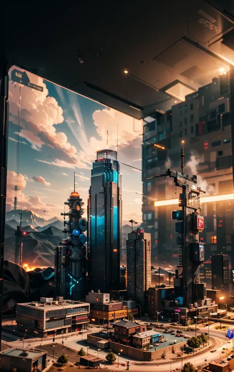 mini\(ttp\), cyberpunk metropolis mountain sunset, miniature landscape <lora:miniature_V1:1@0,.5@.4>