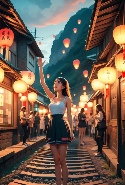 (masterpiece, best quality), 1girl,  <lora:girllikeskylantern:0.8> colorfully sky lantern with chinese word, hands close to fire, railway, raise head, arms up, suspender skirt, tourists, night, river, bridge, mount, greenery, low house