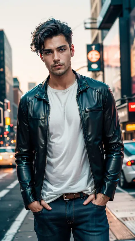 (masterpiece, best quality, highres:1.2), (photorealistic:1.2), (film grain:1.3), (morbid light:1.2), (dynamic angle), raw photo, (1 beautiful italian man), in high detailed leather black jacket and jeans, photography, New York city, ultra high details, dim light, dawn, bokeh background, perfect night, (sharp), exposure blend, dim light, (hdr:1.4), high contrast, (muted colors, dim colors, soothing tones:1.3), low saturation, morbid