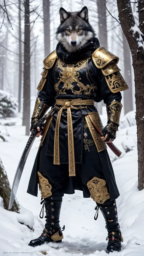 A samurai wolf with glowing bloodshot eyes, wearing shiny satin black and silver metal armor, intricate ornate weaved gold filiegree. In a snowy forest. full body