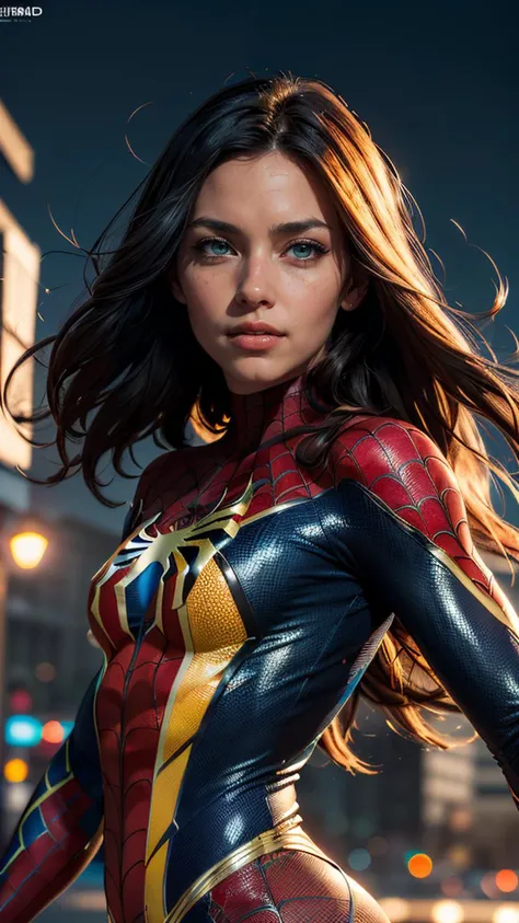 (masterpiece, best quality, highres:1.2), (photorealistic:1.2), (Realistic skin texture:1.4), (film grain:1.3), (intricate and beautiful:1.2), (detailed light:1.2), (colorful, dynamic angle), RAW photo, upper body shot, fashion photography of cute, intense long red hair, Mary Jane in spiderman suit, (highres textures), dynamic pose, moonsoft light passing through hair, (abstract colorful art background:1.3), (official art), (sharp), exposure blend, bokeh, (hdr:1.4), high contrast, (cinematic), (muted colors, dim colors, soothing tones:1.3), low saturation