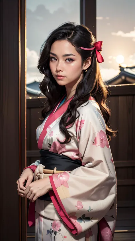 (masterpiece, best quality, highres:1.2), (photorealistic:1.2), (Realistic skin texture:1.4), (film grain:1.3), (detailed light:1.2), (dynamic angle), raw photo, (Kamado Nezuko), skinny, pink eyes, very long black hair, multicolored hair, hair ribbon, pink ribbon, japanese clothes, kimono, forehead, (dynamic pose), moonlight passing through hair, (ancient japan background), (sharp), exposure blend, bokeh, (hdr:1.4), high contrast, (muted colors, dim colors, soothing tones:1.3), low saturation, morbid