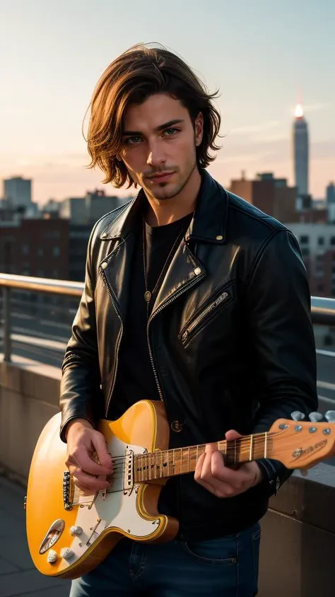 raw photo, fashion photography of cute photo, (1 gorgeuos italian man), in high detailed leather black jacket and jeans, short hair, photogenic, playing guitar, fender stratocaster, New York city, ultra high details, dawn, bokeh background, perfect night, (night beautiful background:1.3), (random background), depth of field, morbid
